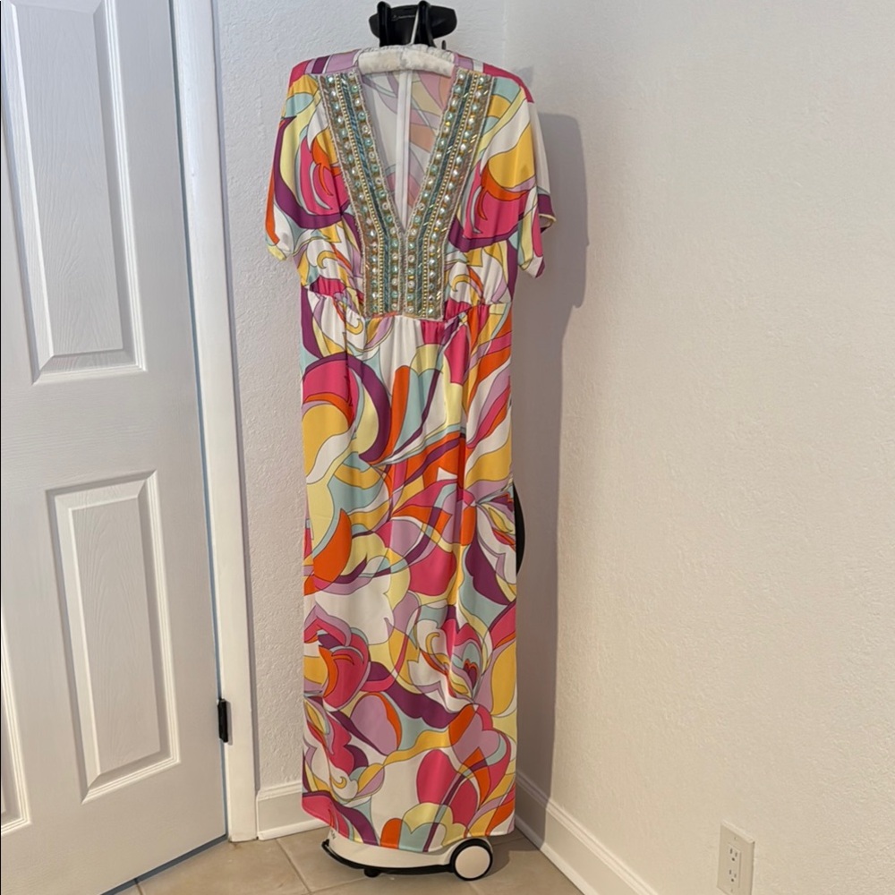 Boston Proper Pink and Orange Embellished Maxi Dress